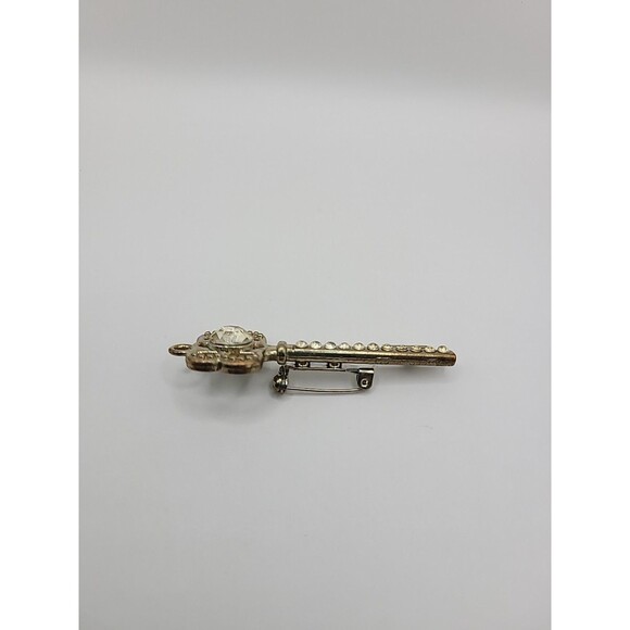 Vintage Rhinestone Key Brooch Gold Tone Skeleton Key Pin Crystals Elegant - Picture 4 of 11